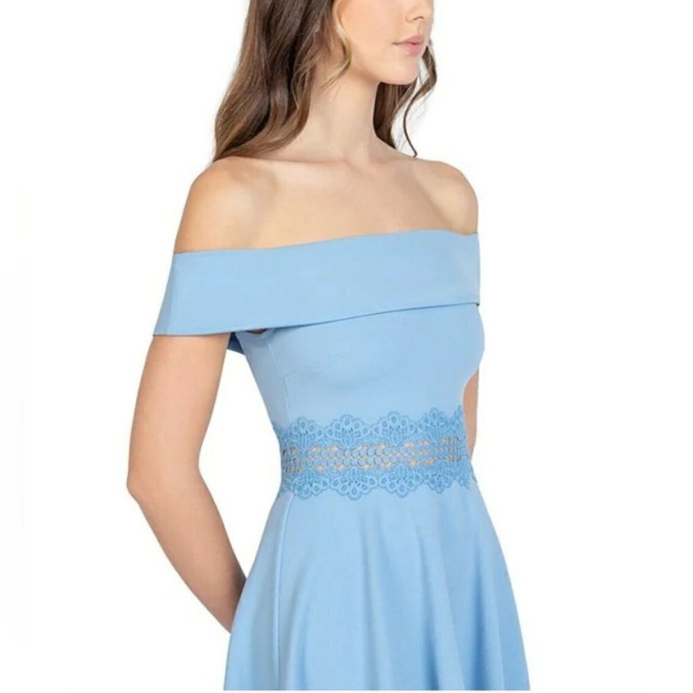 B. Darlin Sz 3/4 Fit Flare Dress Baby Blue Off Shoulder Crochet Special Occasion - Picture 5 of 12